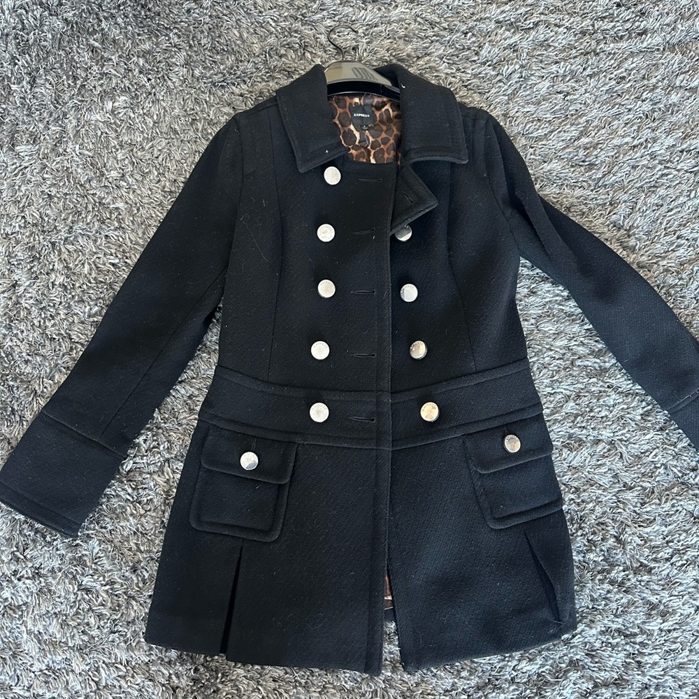 Express wool pea coat black wth leopard lining